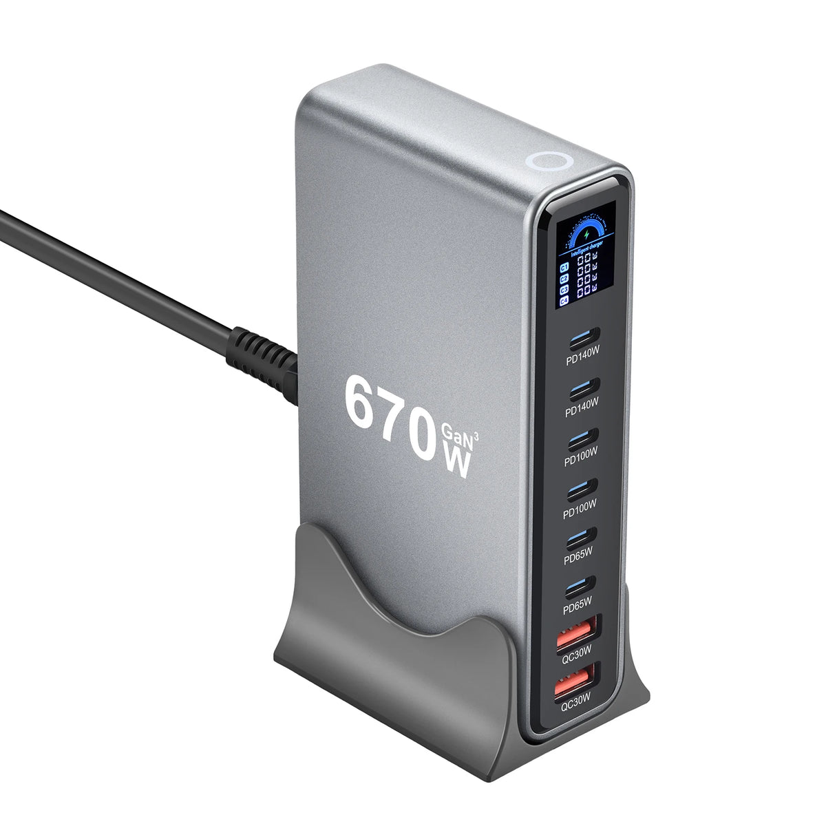 670W GaN Fast Charging Desktop Charger with Display 140W USB-C Port 8-Port Station for Phones And Tablets