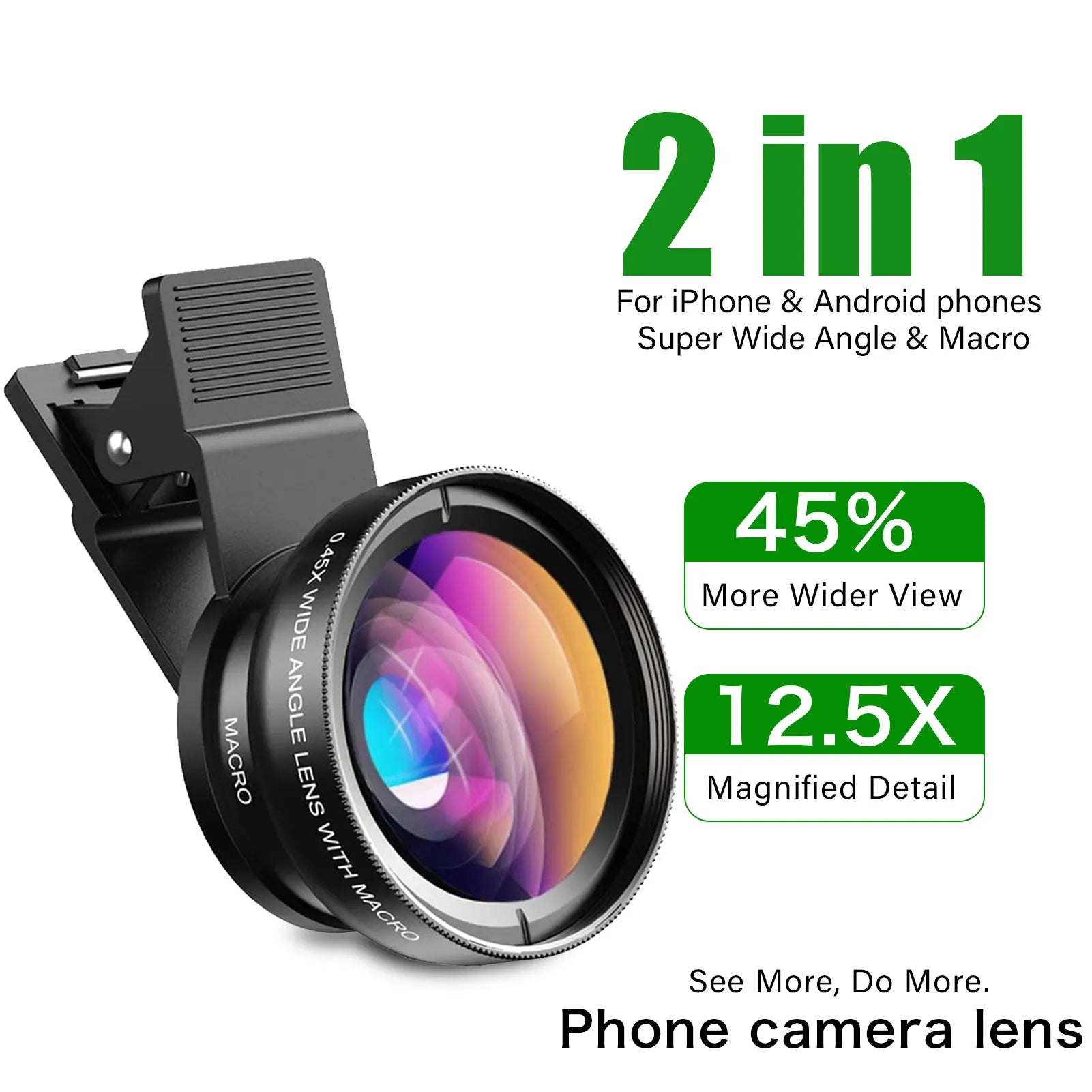 2 Functions Mobile Phone Lens 0.45X Wide Angle Len & 12.5X Macro HD Camera Lens Universal for iPhone Android Phone