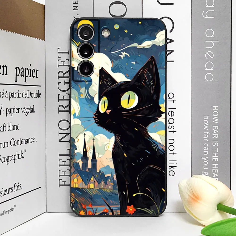 Artistic Black Cat Starry Night Soft TPU Phone Case For Samsung Galaxy S23 S24 S25 Ultra S22 S21 S20 Plus FE A15 A54 A55 Cover