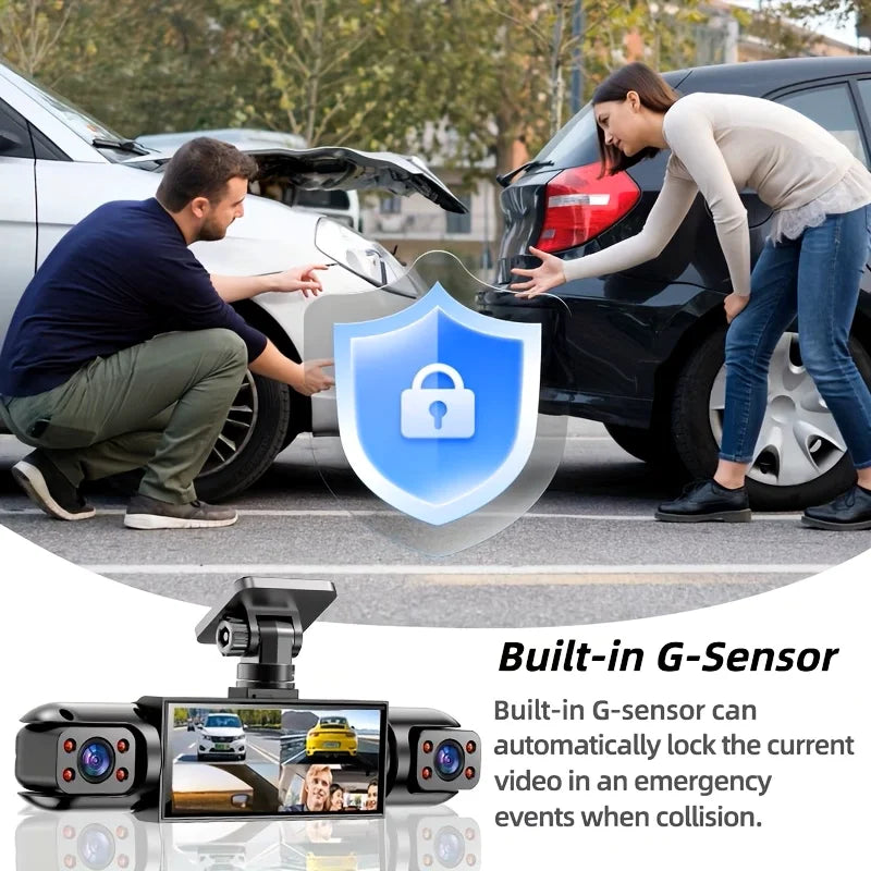 BCUOZ 4-Lens 360° Dashcam, 1080P Front + 720P Built-in Rear Left and Right car cameras, Super night vision, Loop recording, G-Sensor, WDR, 12-24V car plug power supply,Optional 64GB memory card.