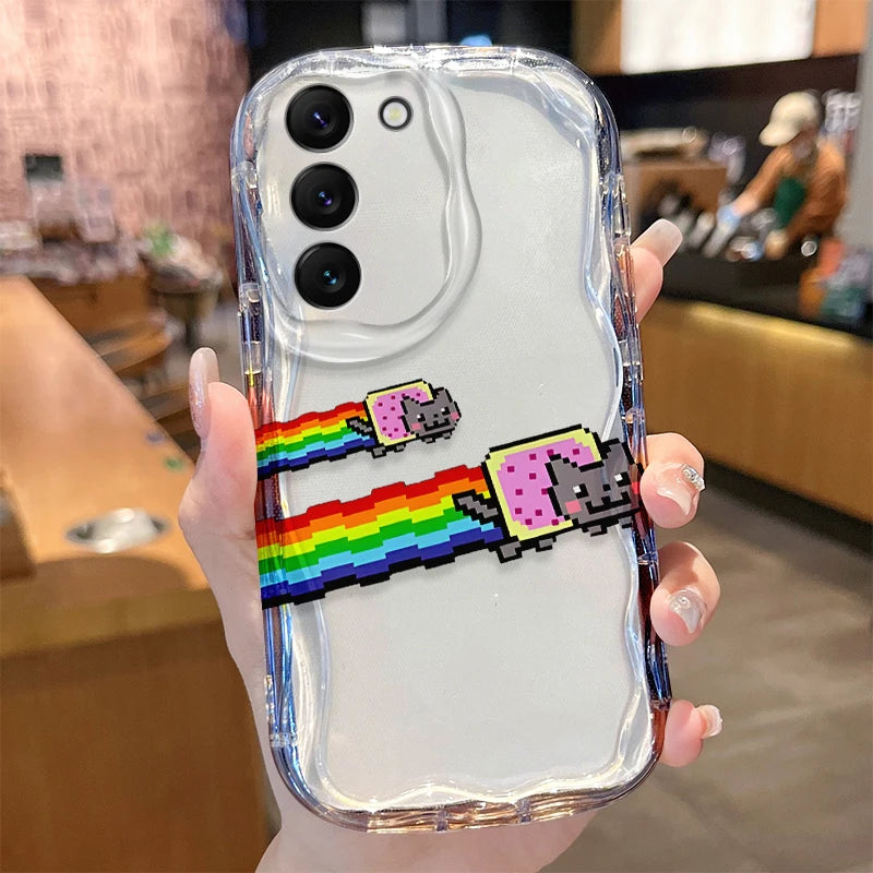 Rainbow Cat Wave Case for Samsung Galaxy S25 S24 S23 S22 S21 Ultra Plus S20 FE A73 A72 A71 A56 A55 A54 5G A52 A52S A51 4G Cover