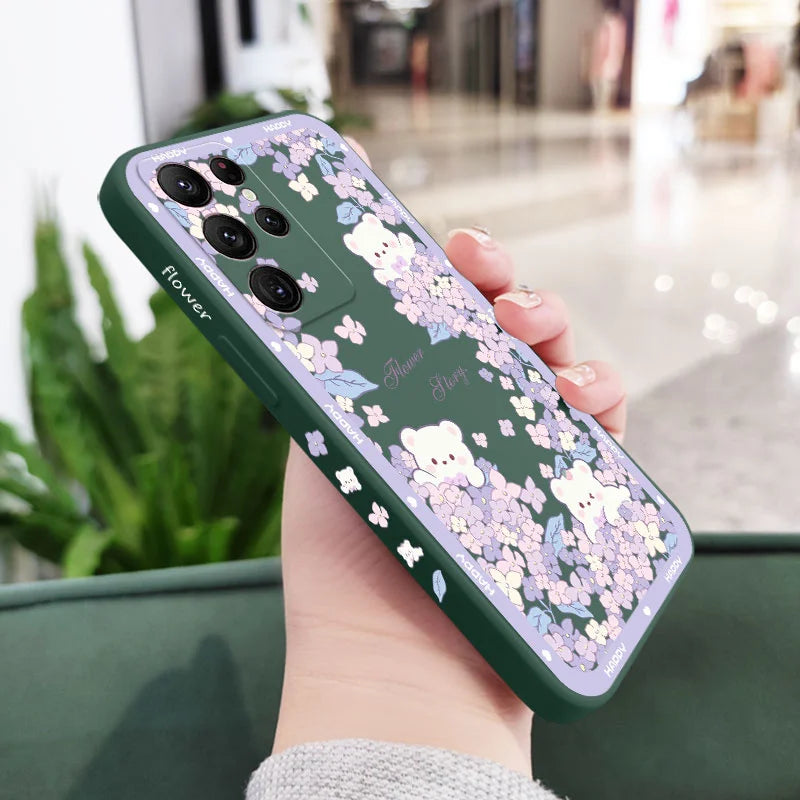 Flower Bush Bear Phone Case For Samsung Galaxy S25 FE S24 S23 S22 S21 S20 Ultra Plus FE S10 Note 20 Ultra 10 9 Plus Cover