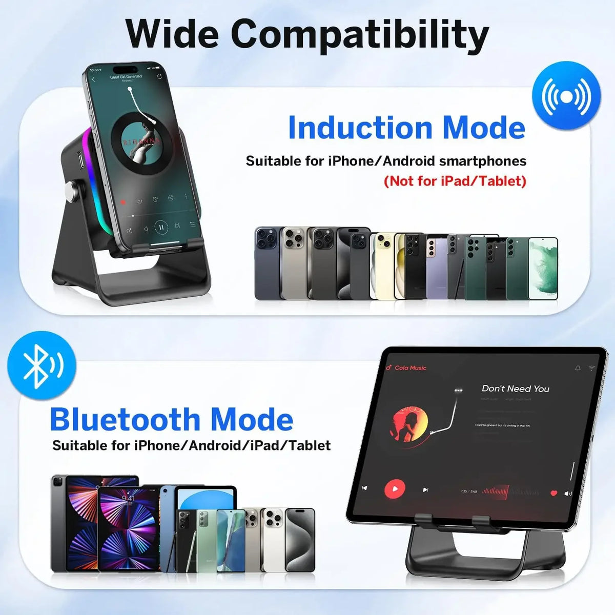 5 In 1 Wireless Induction Speaker Phone Holder with 8 RGB Modes HIFI Sound Bluetooth Desktop Stand