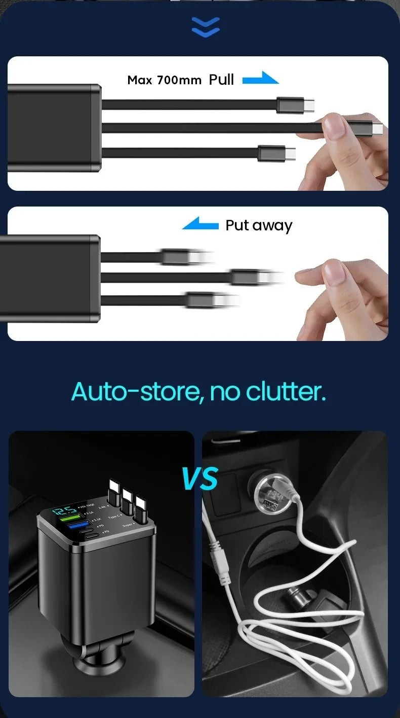 7 in 1 Car Charger Retractable USB C Cable Dual Type C Port Fast Charging Phone Adapter for iPhone Phone Car Cigarette Lighter
