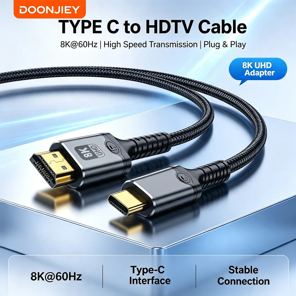 DOONJIEY Type C to HDMI-compatible Cable 8K/60Hz 4K/120Hz for MacBook Pro iMac iPad Pro for Samsung Xiaomi USB C to HDMI2.1