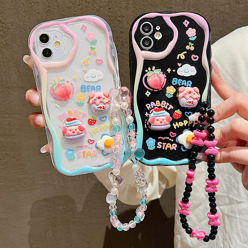 Cute 3D Pig Bracelet Wrist Chain Lanyard Clear Soft Phone Case For iPhone 17 16 13 14 15 Pro Max 11 12 XR XS X 7 8 Plus SE Cover