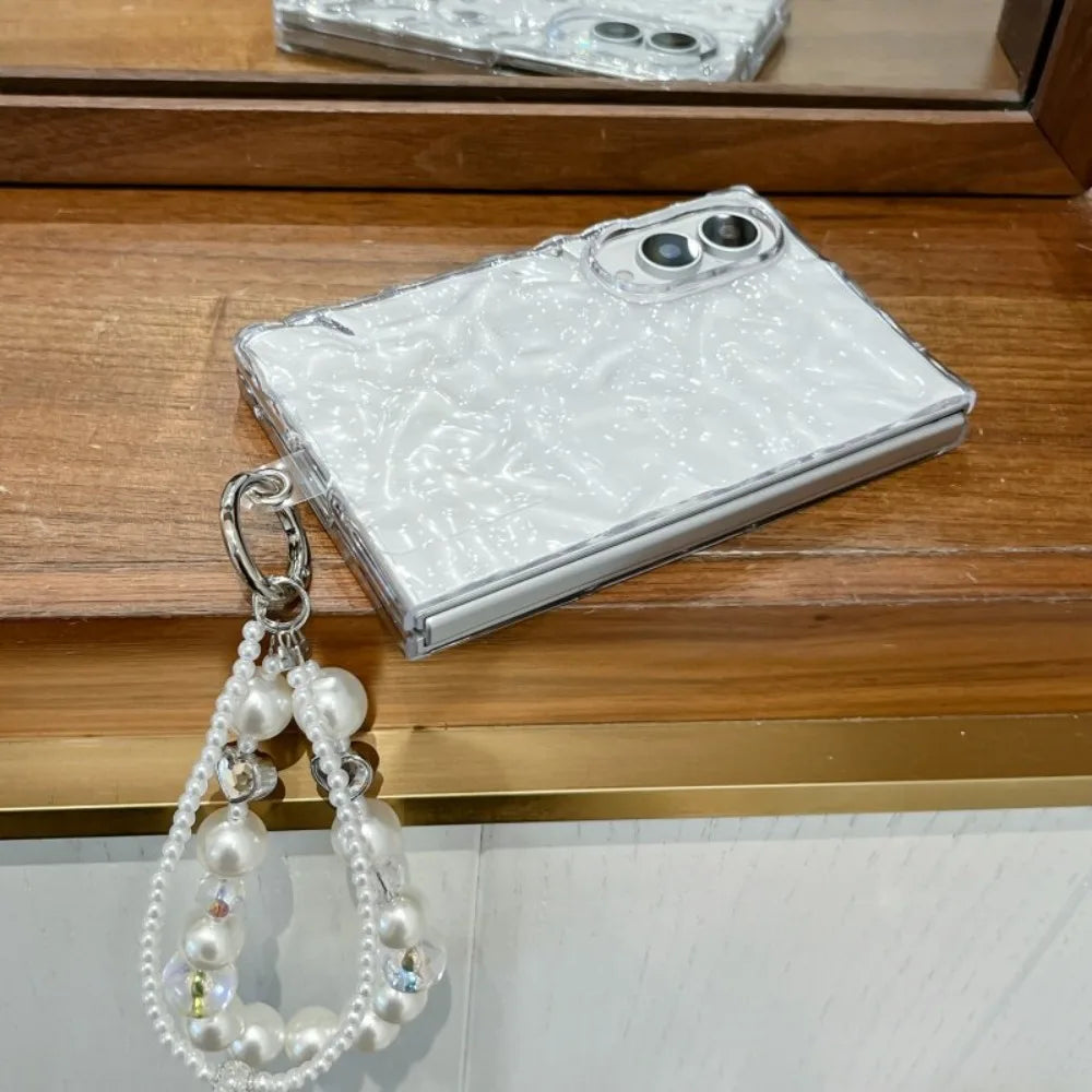 Z Fold8 Transparent INS Water Wave Pattern Pearl Bracelet for Samsung Galaxy Z Fold 8 Ultra 7 6 Lanyard Non-slip Clear PC Cover