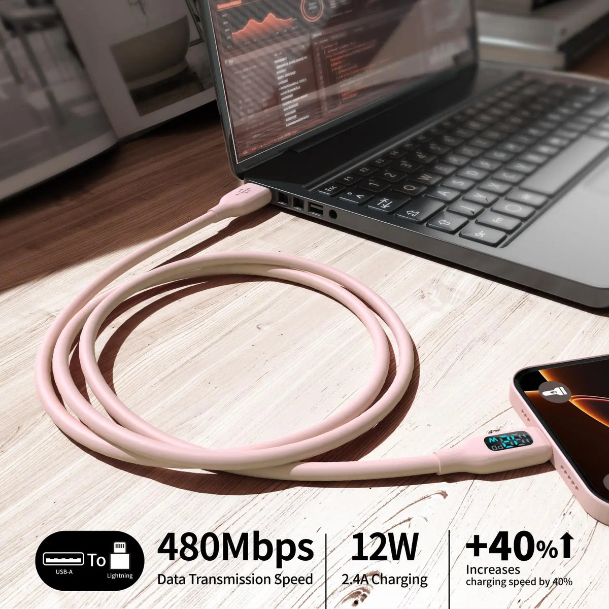 MFI Certif USB A TO Lightning Charging Data Cable Macaron Pink Soft Silicone with LED Digital Display for iPhone 14-8 Series