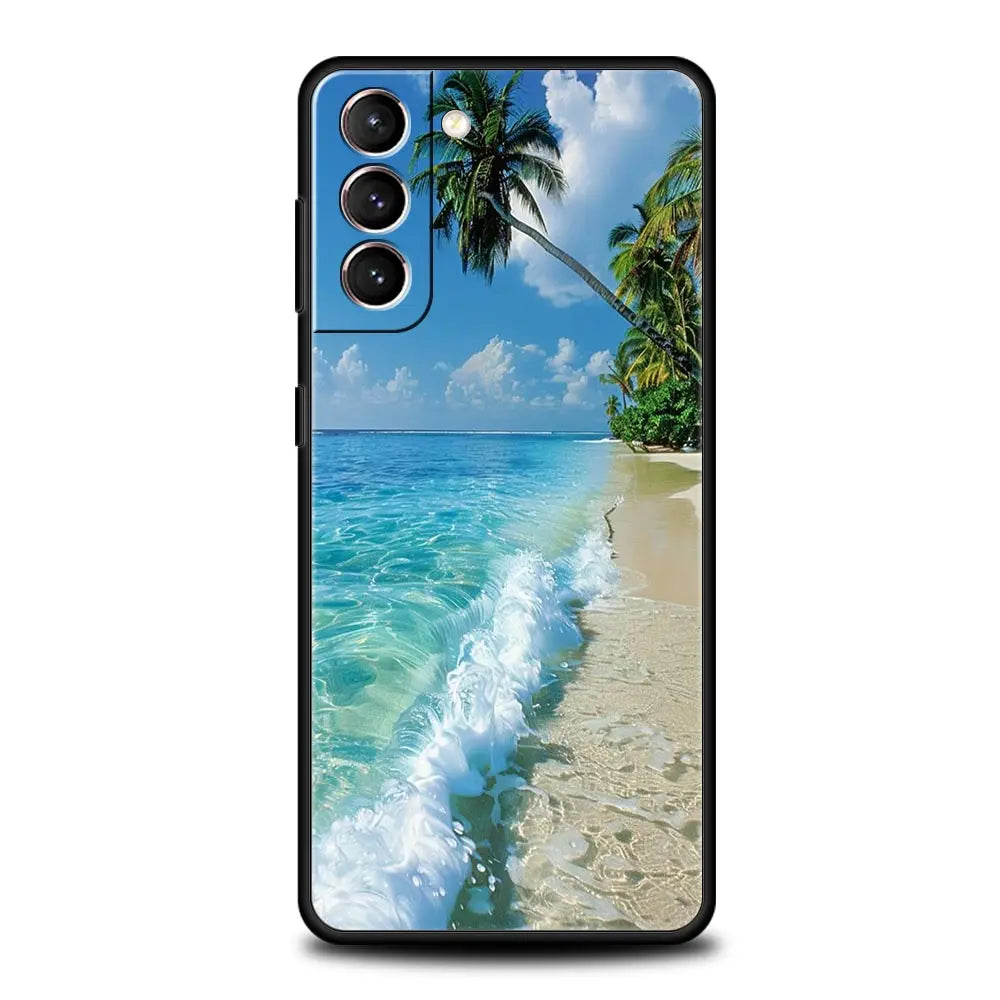 Summer Beach Scene at Sunset on sea Palm Tree Case For Samsung Galaxy S24 S23 S22 S20 Ultra S21 FE 5G S10 S9 Plus S10E S8 Cover