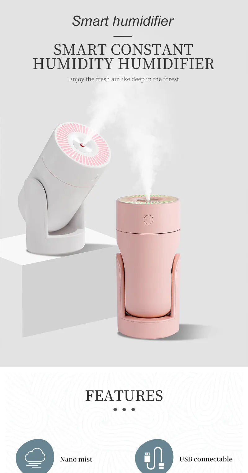 "360° Oscillating Humidifier & Air Purifier: Smart Desktop Mist Control with Ultra-Quiet USB Operation"