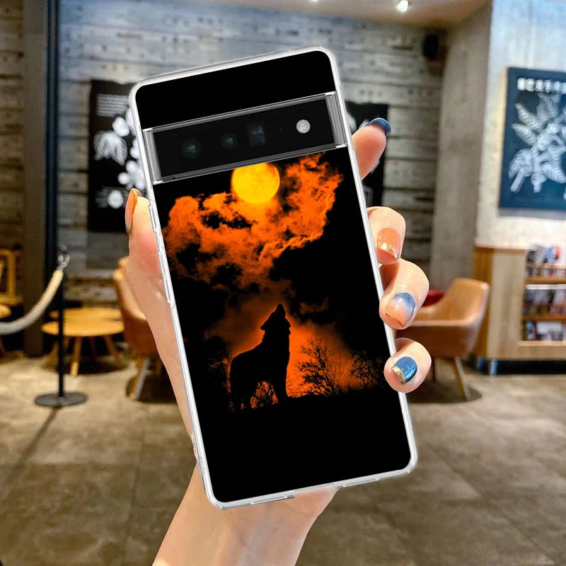 Phone Case Cover for Google Pixel 10 9 8 7 6 5 4 4XL Soft TPU 7A 6A 5A 4A 3A Pro XL 5G Transparent Shell Moon Roaring Wolf Capas