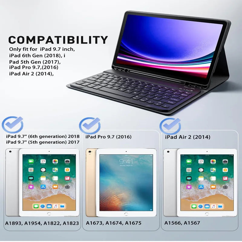 For iPad 5th 6th Generation 9.7 Inch Case with Keyboard,Detachable Wireless Keyboard+Tablet Cover iPad air 1 2 9.7 pro 9.7 Funda