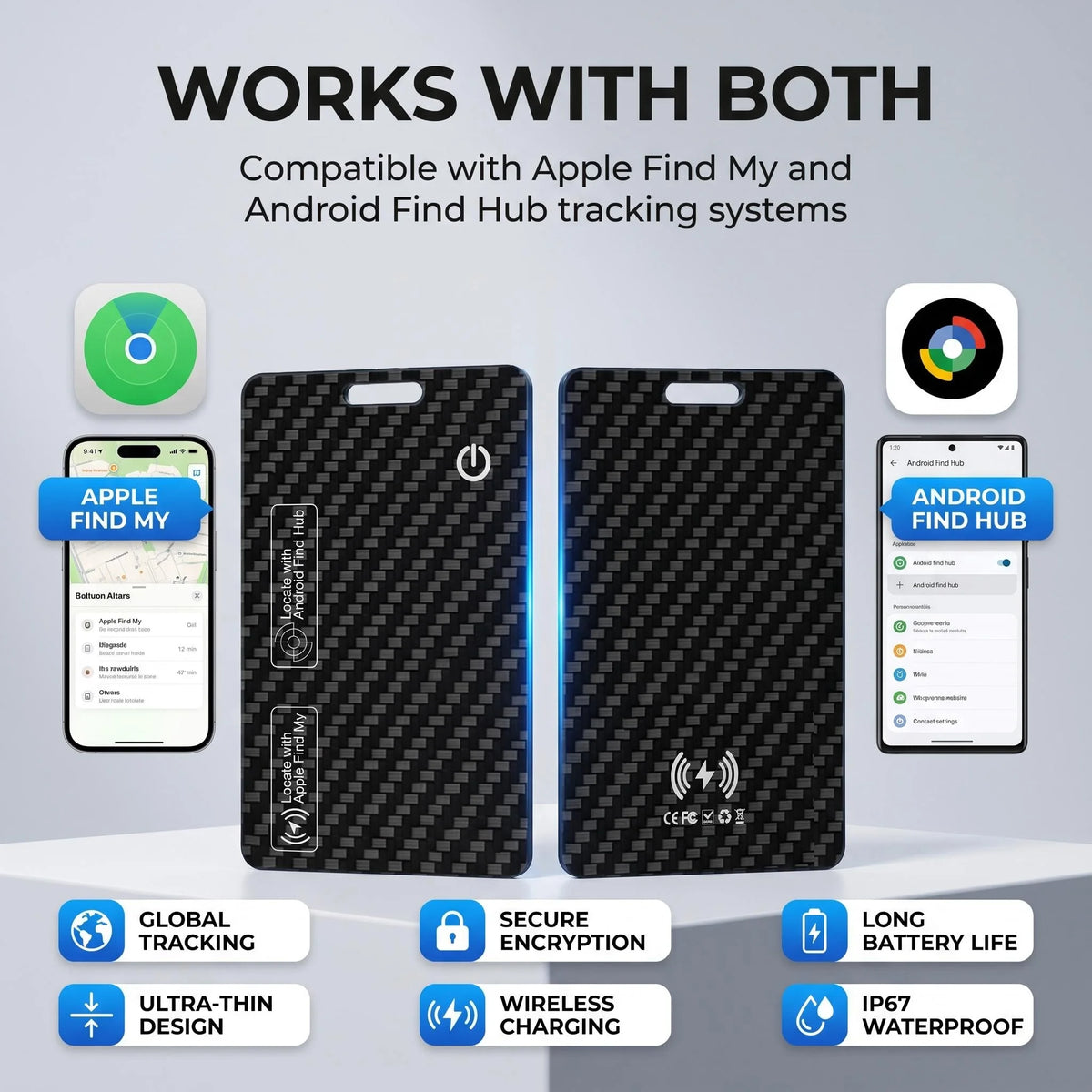 Smart Wallet Tracker Card, Works with Apple Find My & Android Find Hub, IP68 Waterproof Item Locator with 70dB+ Loud Alarm, 3-5 Months Ultra-Long Battery Life, App Notifications, Historical Tracking & Multi-User Sharing