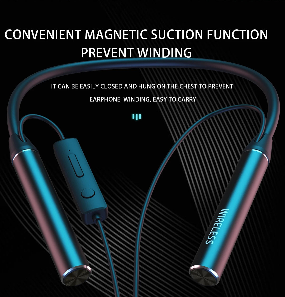 Neck-mounted TWS sports Bluetooth earphones with a metal casing, memory neckband, bendable and portable. Supports TF card playback for music. Dual battery design for ultra-long battery life. Supports simultaneous connection t