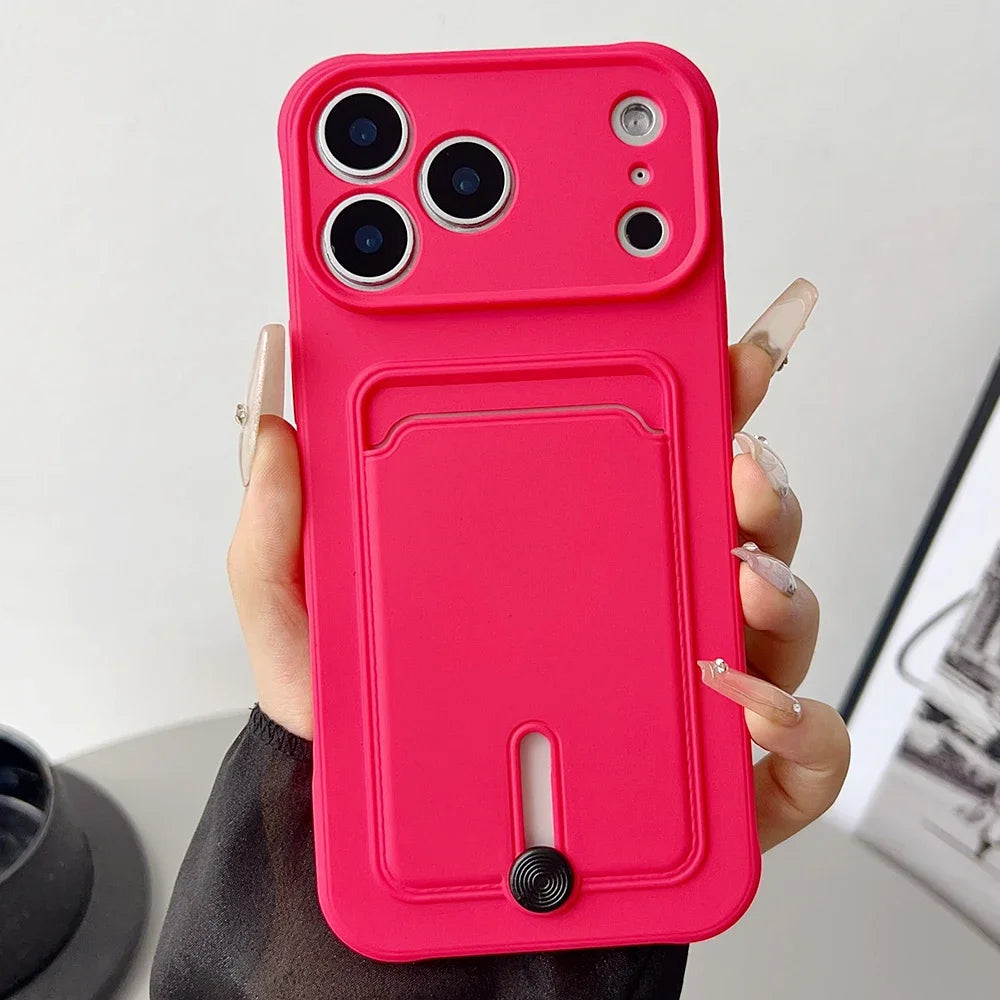 Fine hole sliding card holder silicone phone case for iPhone 17 17E 16E 16 15 14 13 12 11 Pro Max Air Mini shockproof soft Cover