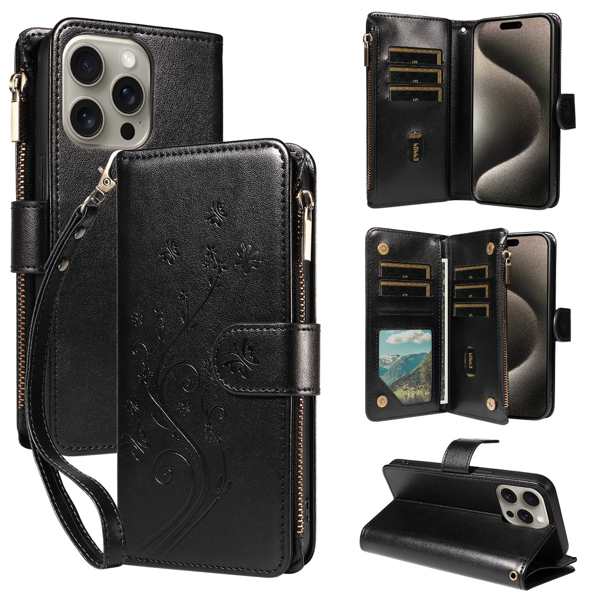 Multi-function Embossed Zipper Phone Case for Iphone 16promax 15 14 13 12 11 7 8 X XS XR PU Leather Flip Wallet Wallet Case