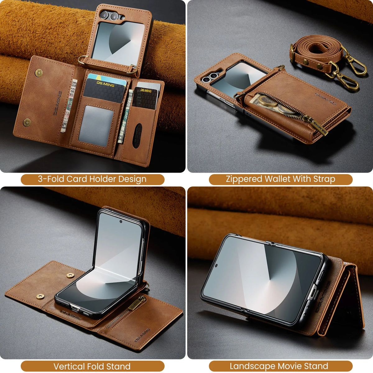 2 in 1 Luxury Leather Flip Phone Case For Samsung Galaxy Z Flip 8 7 6 5 4 3  Magnetic Wallet Card Solt Zipper Lanyard Cover ﻿