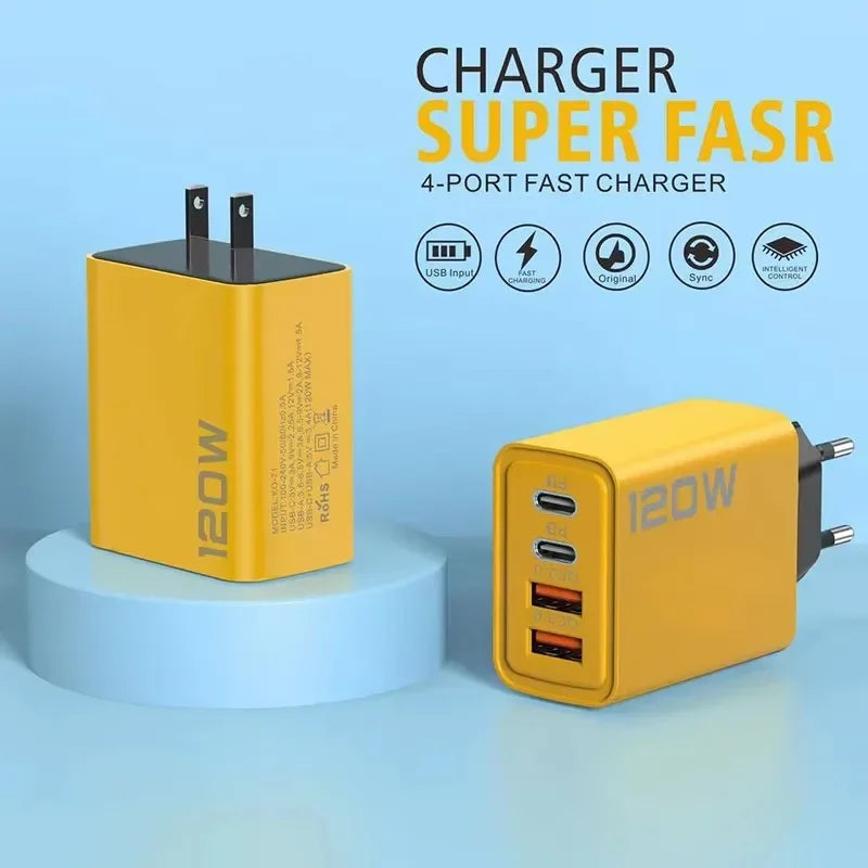 120W 4-Ports USB Type-C Charger Fast Charging Data Cable USB Phone Charger Adapter For Xiaomi IPhone17 16 15 Huawei Wall Charger