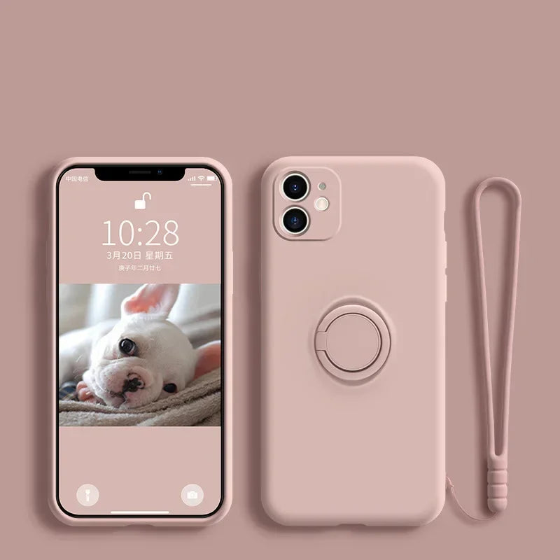 Liquid Silicone Ring Phone Holder Case For Samsung Galaxy S24 S23 Ultra S22 S21 FE S20 Plus Note 20 S25 Cover With Wrist Strap