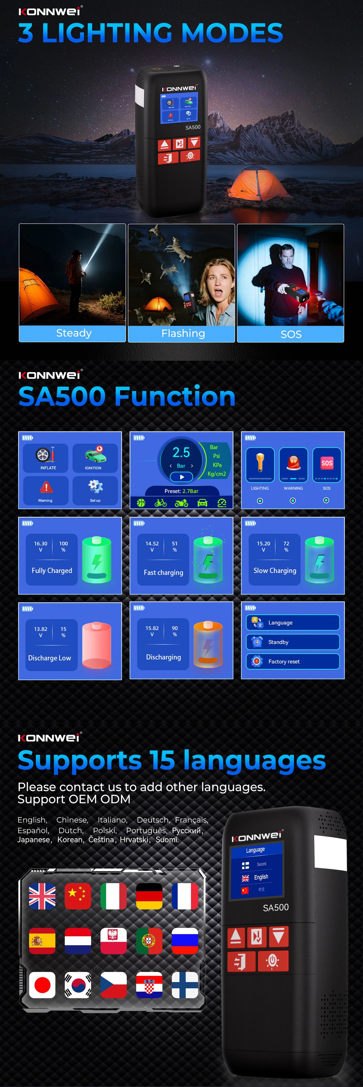 KONNWEI SA500 Car Jump Starter with Air Compressor 12V Portable Battery Booster Tire Inflator Power Bank Vehicle Emergency Start