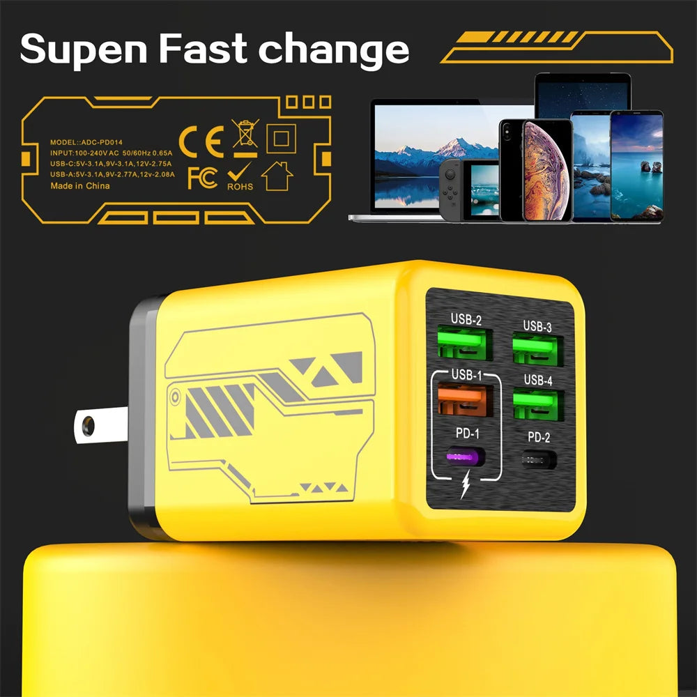 6 in 1 240W Type C Charger PD Fast Charging Phone Power Adapter For iPhone Samsung Xiaomi EU/US Plug Quick Charge Wall Charger