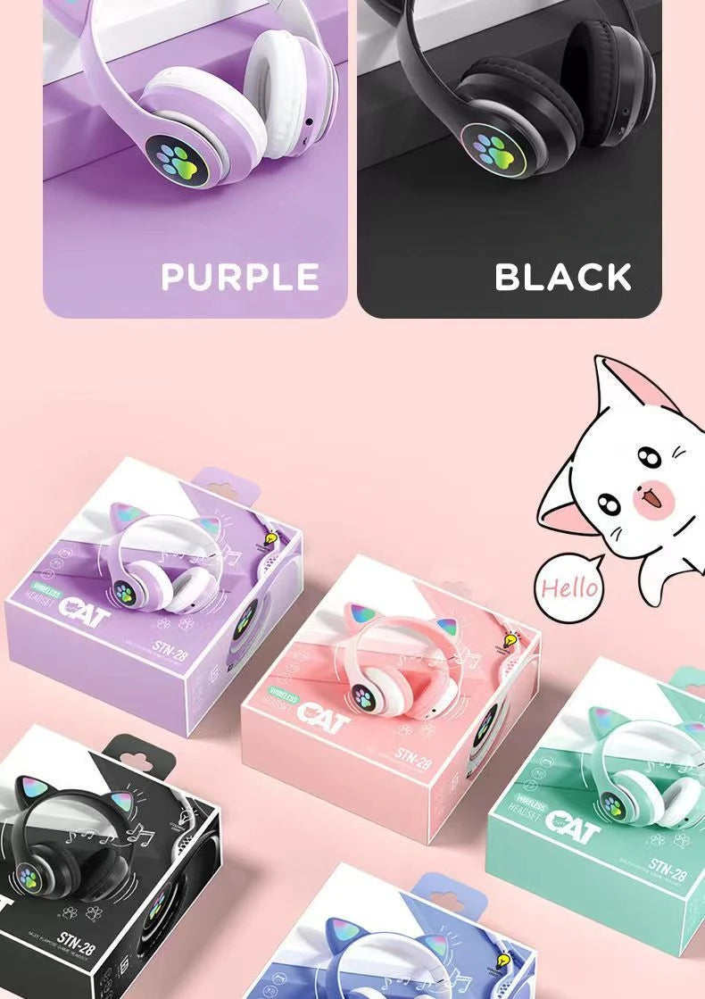 STN-28 Earphones Bluetooth 5.0 Cute Cat Ear Light Up Wireless Over-Ear Headphones High Quality Earbuds Compatible with Multiple