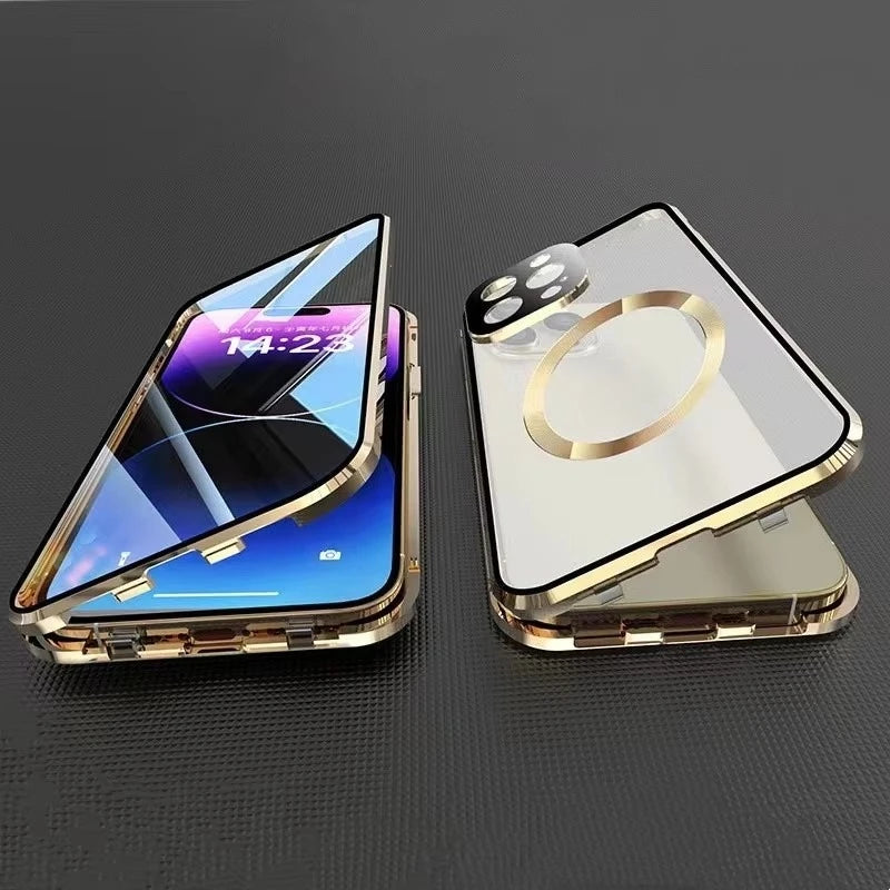 Metal Magnetic Case For Magsafe iPhone 17 Pro Max 16 15 14 13 12 Pro Max Plus Lens Protection Double Sided Glass Snap Lock Cover