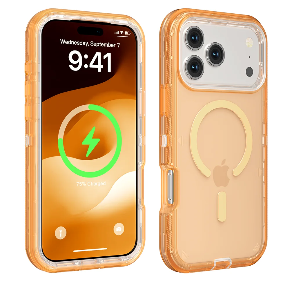 Rugged OTT Armor Magnetic Wireless Charging Clear Case for IPhone 17 Air 16 15 14 Plus 13 12 Pro Max Enhanced Shockproof Cover