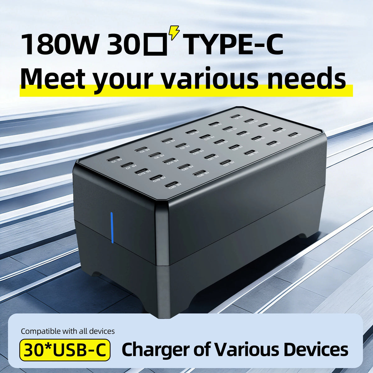 100W 30-Port Type-C Multi-Device Desktop Charger: Rapid & Efficient Charging Hub for Phones and Tablets