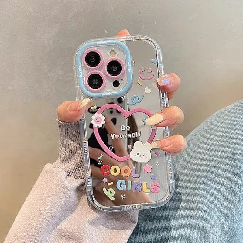 Cute Happy Lovely Heart Colorful Mirror Phone Case For iPhone 11 12 13 14 15 16 17 Pro Max 7 8 Plus X XS XR SE2 Shockproof Cover