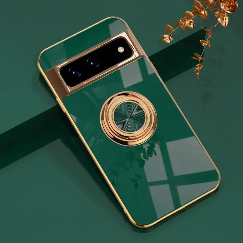Stylish Plating Soft Silicon Shockproof Case for Google Pixel 10 9 8 7 Pro XL 9A 8A 7A Car Magnetic Ring Bracket Protect Cover