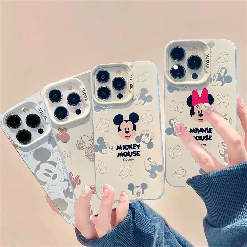 Disney Mickey Minnie Mouse Head Phone Case For IPhone 14 15 16 17 Pro Max Plus 12 13 Mini 16E Casing Hard IMD Silver Laser Cover