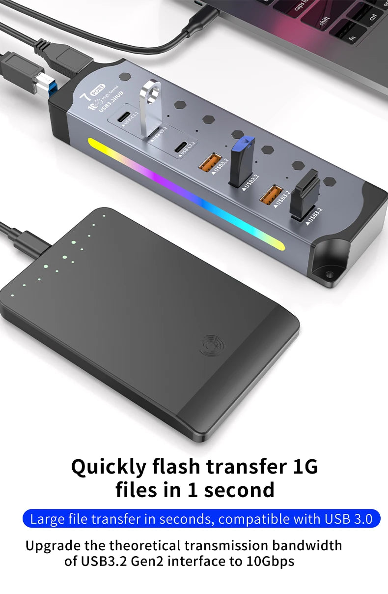 7Port USB 3.2 USB-C Hub 10Gbps USB-A USB-C Ports Splitter Individual Switches 12V US/EU Power Adapter Expander for Laptop PC