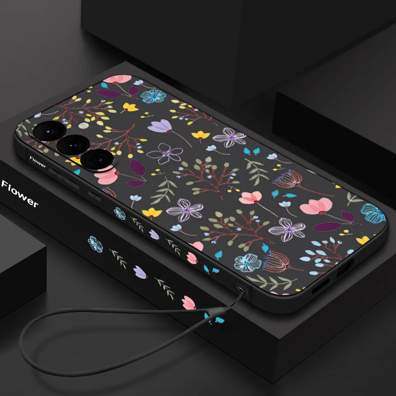 Luxury Flower Print Lanyard Case For Samsung Galaxy A55 A54 A56 5G A35 S26 A15 A14 A34 A52 A17 S21 FE S22 S23 S25 S24 Ultra Capa