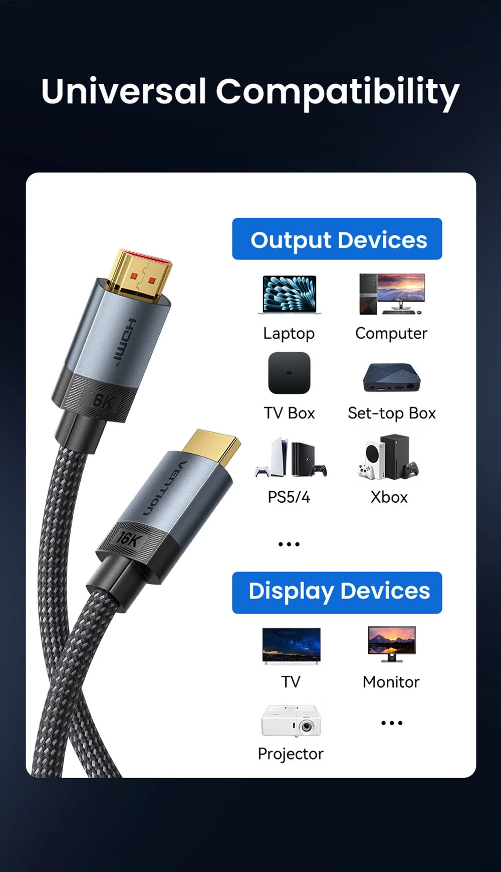 Vention HDMI Cable 16K60Hz Ultra High Speed 96Gbps Cable for Laptop TV Box PS5 Xiaomi Dolby Vision HDCP2.3 8K240Hz HDMI2.2 Cable