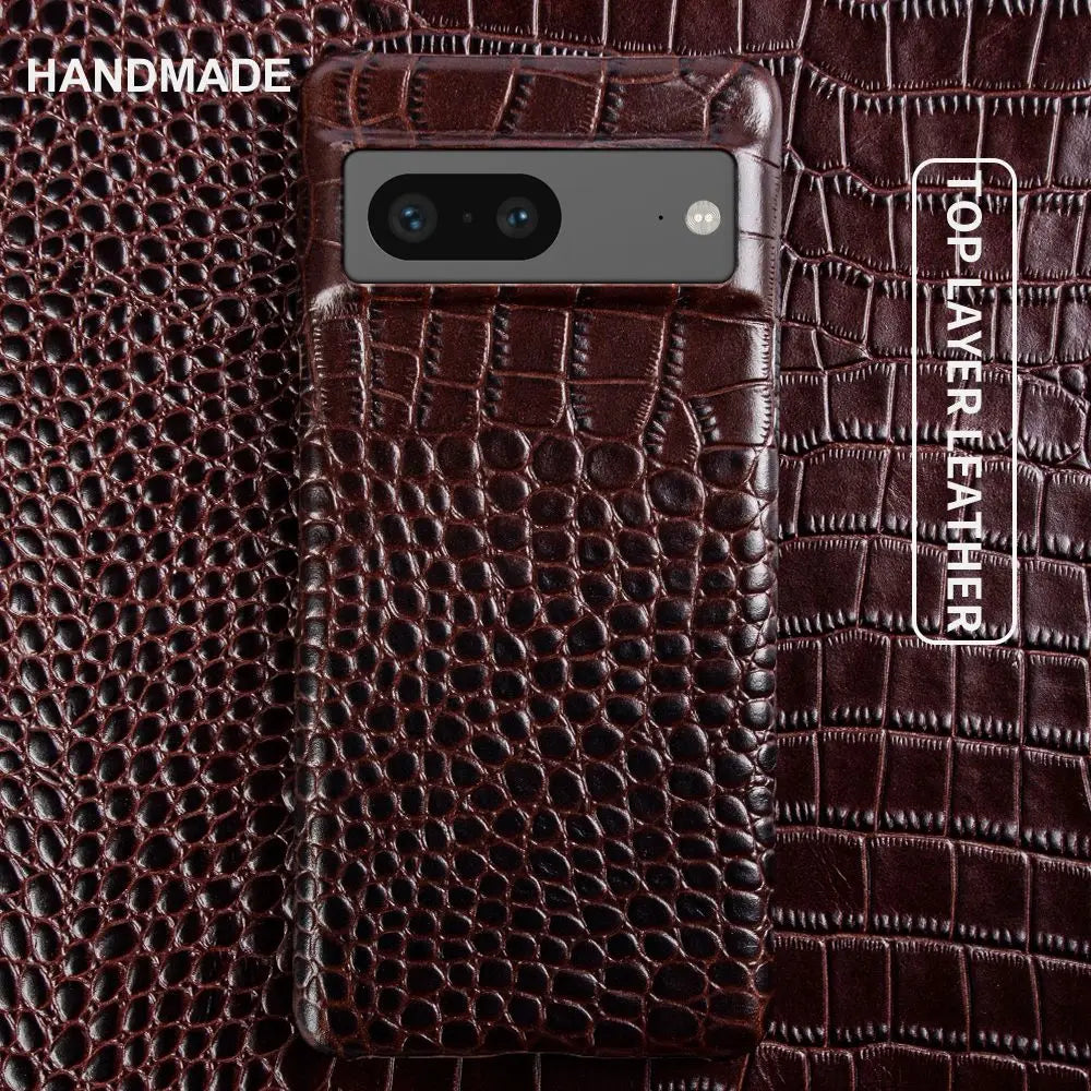 For Google Pixel 7 Pro Case Crocodile Grain Genuine Leather Phone Cover Pixel 10 6Pro 5A Capa Protective Etui Back Carcasa Shell