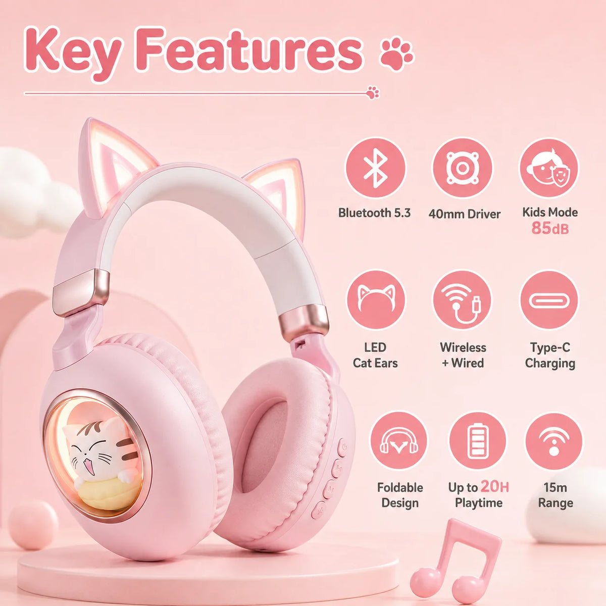 Kids Wireless Headphones Bluetooth 5.4 Cat Ear RGB Light Over-Ear Headset with 400mAh Battery, 20H Playtime, Low Latency