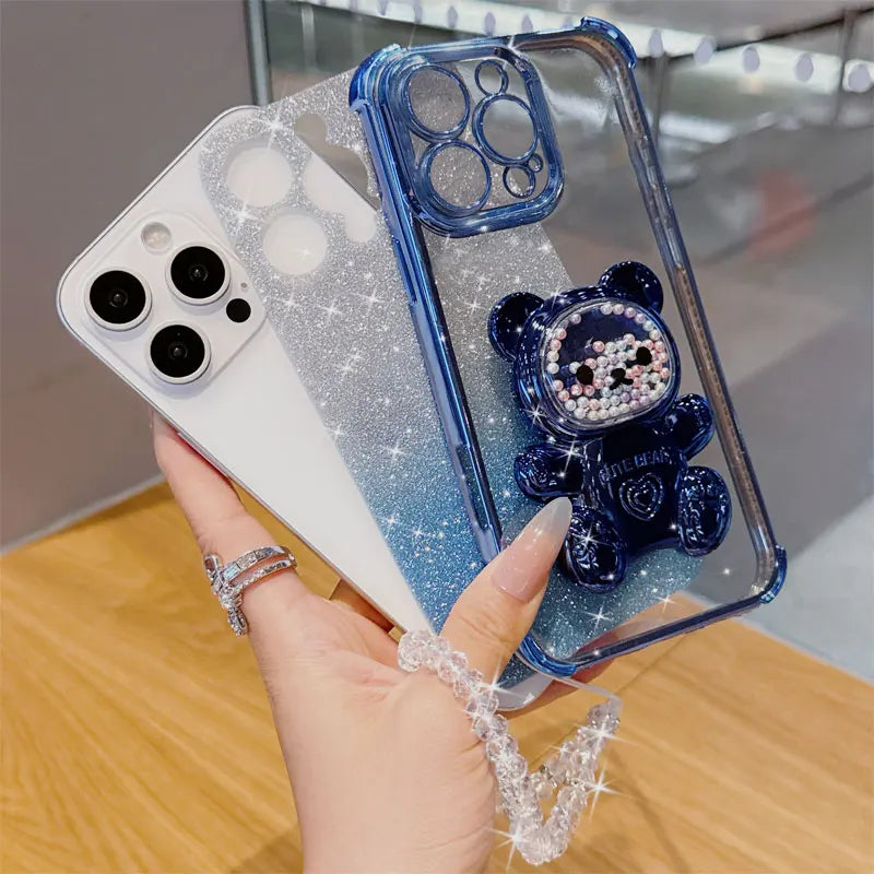4 Corner Shockproof Phone Case with Cute 3D Bear Stand Crystal Chain Lanyard Glitter For Google Pixel 9 8 10 7 Pro XL Back Cover