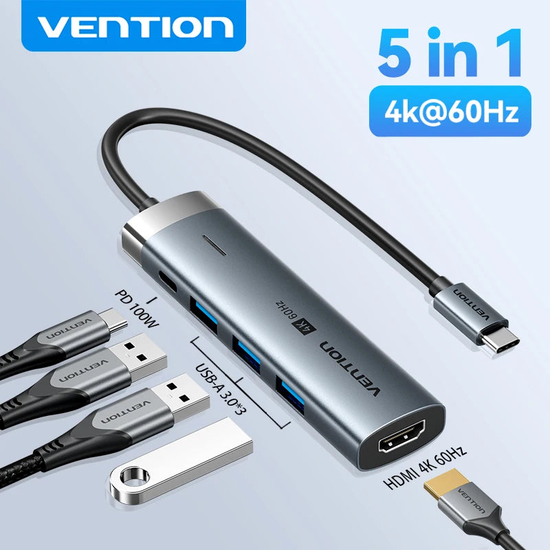 Vention 5 in 1 USB C 4K 60Hz HDMI HUB USB 3.0 HUB PD 100W Multiport Docking Station Adapter for MacBook Dell iPhone iPad Android