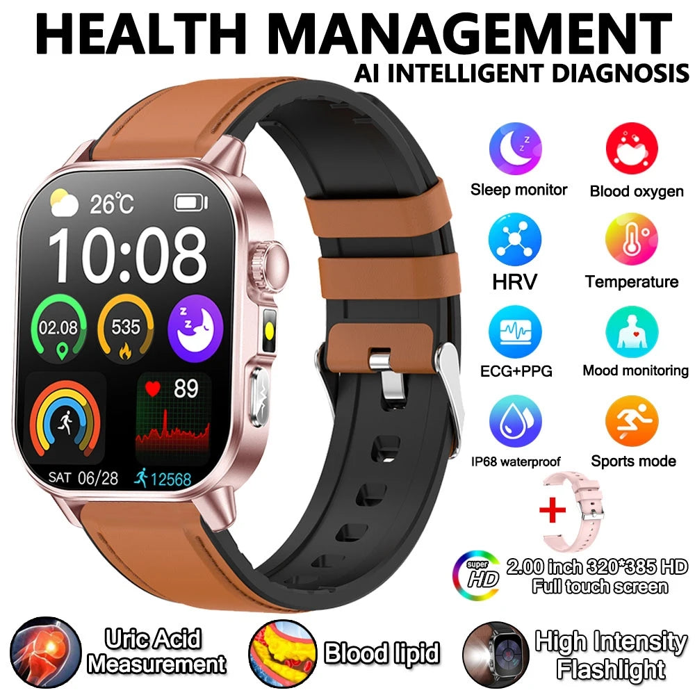 2026 New Model Uric Acid & Lipid Health Analysis Smart Watch Men ECG+PPG Bluetooth Call 2.01-inch Flashlight Smartwatch Women