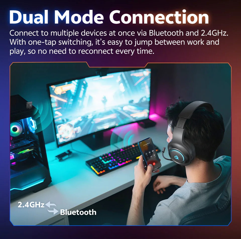 QCY Heroad V200 Gaming Headset Bluetooth 6.0 with Mic 50mm Driver 7.1 Surround Sound RGB Over Ear Headphones for PC Laptop PS4/5