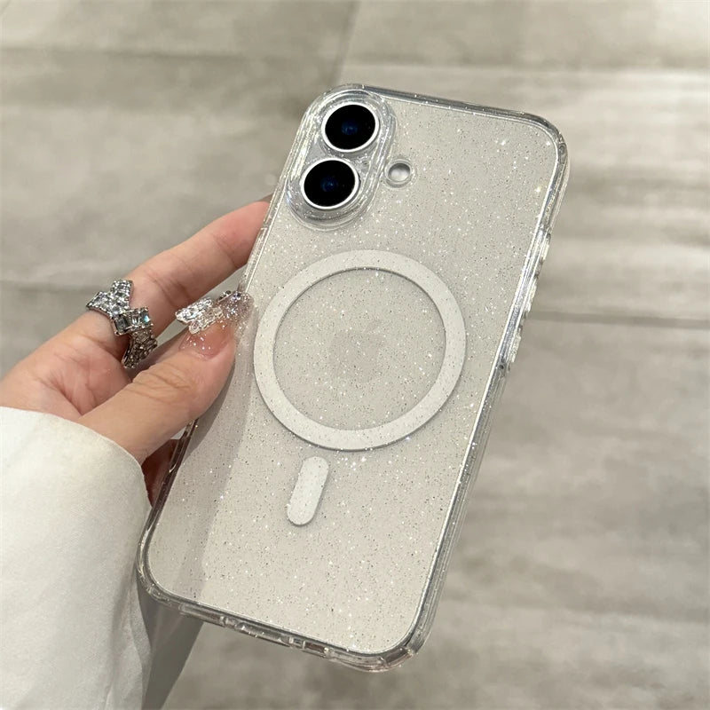 Luxury Glitter For Magsafe Transparent Case For iPhone 13 14 15 16 17 Pro Max Air Plus Magnetic Wireless Charge Soft Bling Cover