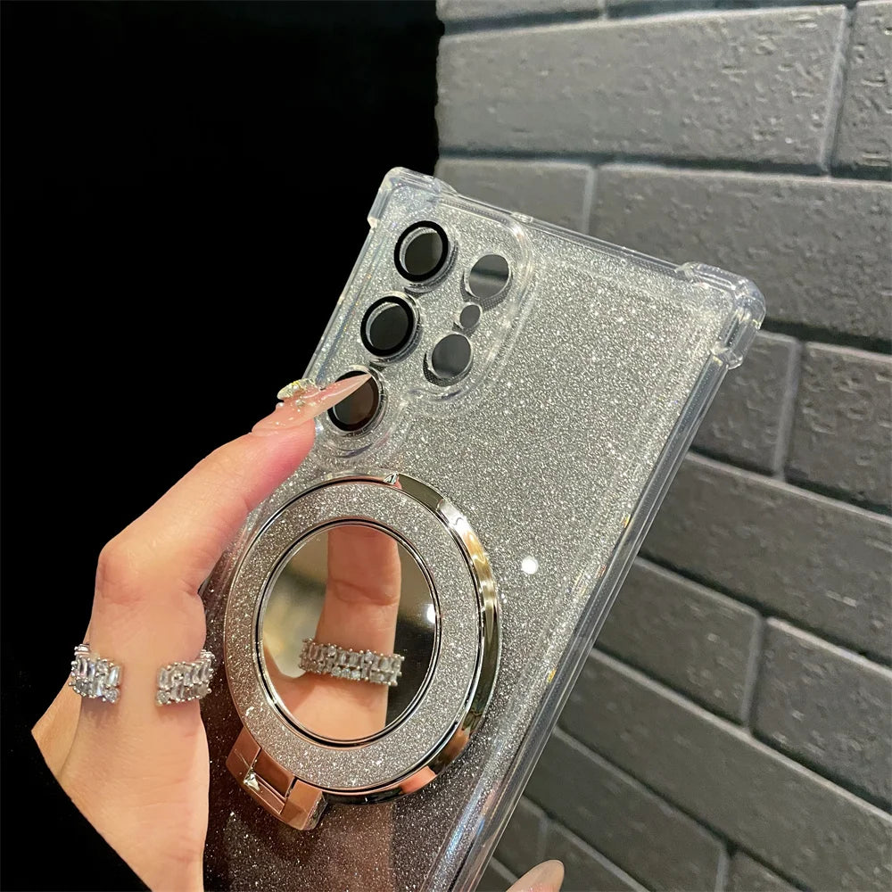 Glitter Magnetic Mirror Stand Holder Case For Samsung S24 S23 S22 S21 S20 Note 20 10 Ultra Plus FE For Magsafe Shockproof Cover