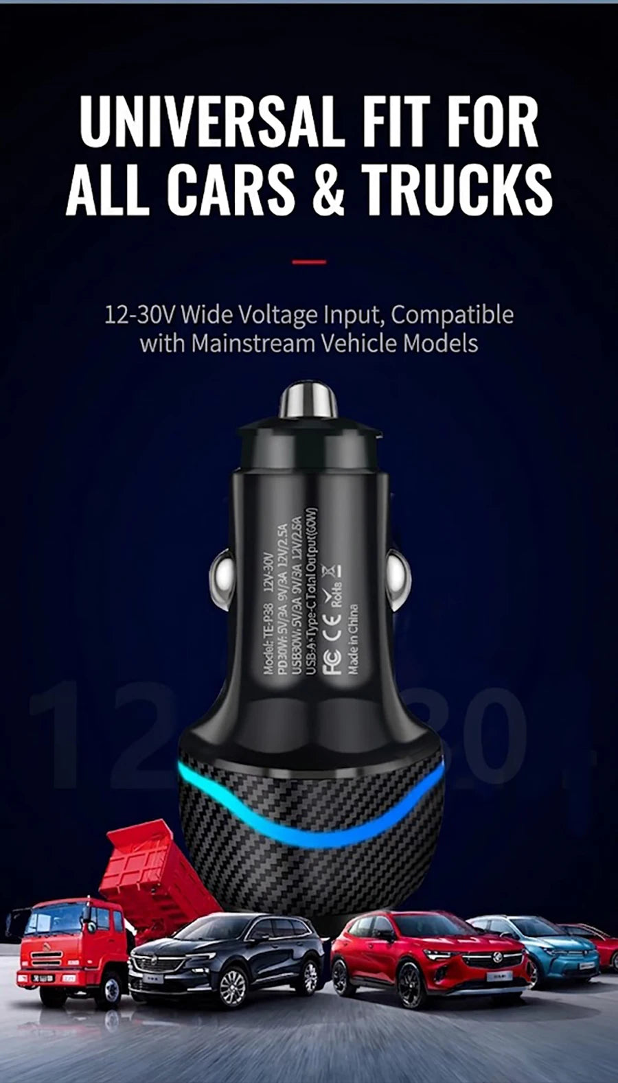 60W Dual Port Car Charger Carbon Fiber Style USB C PD 30W QC 30W Fast Charging Auto Cigarette Lighter For iPhone For Samsung