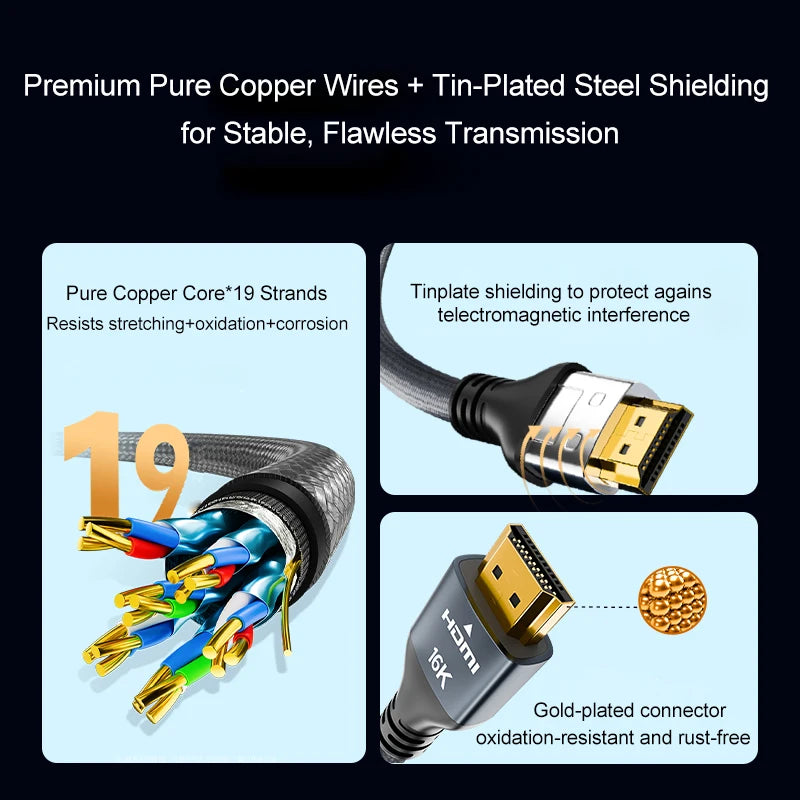 16K HDMI 2.2 Cable, 8K@120Hz HDMI Cable 10FT/3M for HDTV Box Projector PS5 Ultra High Speed Computer Cable