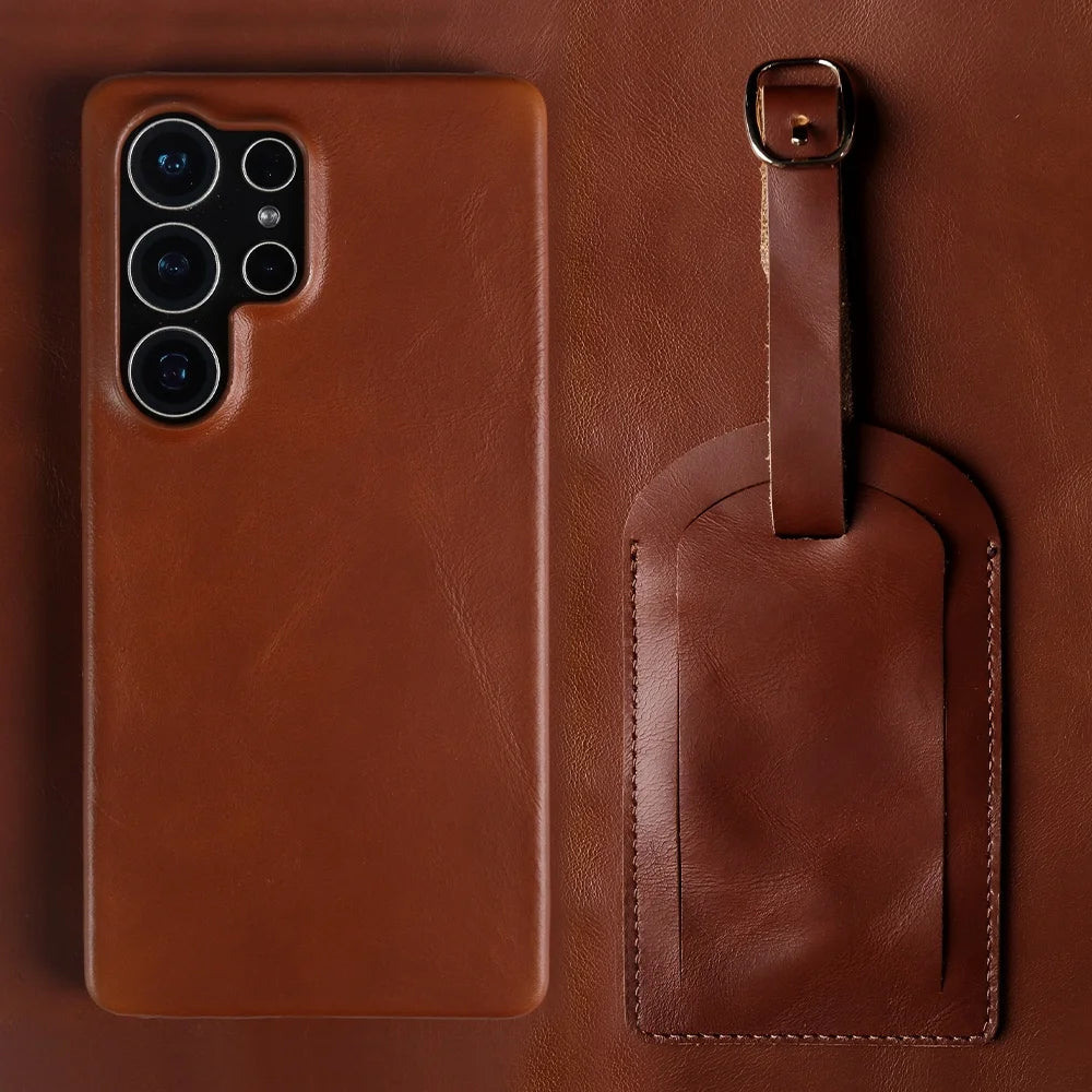 Luxury Business Genuine Leather Phone Case For Samsung Galaxy S25 Ultra S24FE S23 S22 S21 S20 Vintage Back Cover + Luggage Tag