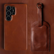 Luxury Business Genuine Leather Phone Case For Samsung Galaxy S25 Ultra S24FE S23 S22 S21 S20 Vintage Back Cover + Luggage Tag