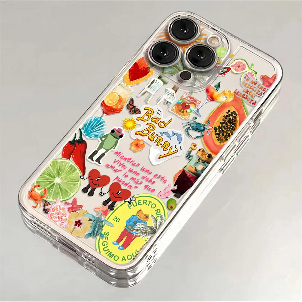 Bad Bunny Art Stickers Phone Case For iPhone 17e 17 16e 16 15 14 13 12 11 Mini Air Pro Max X XR XSMax 7 Plus Transparent Soft
