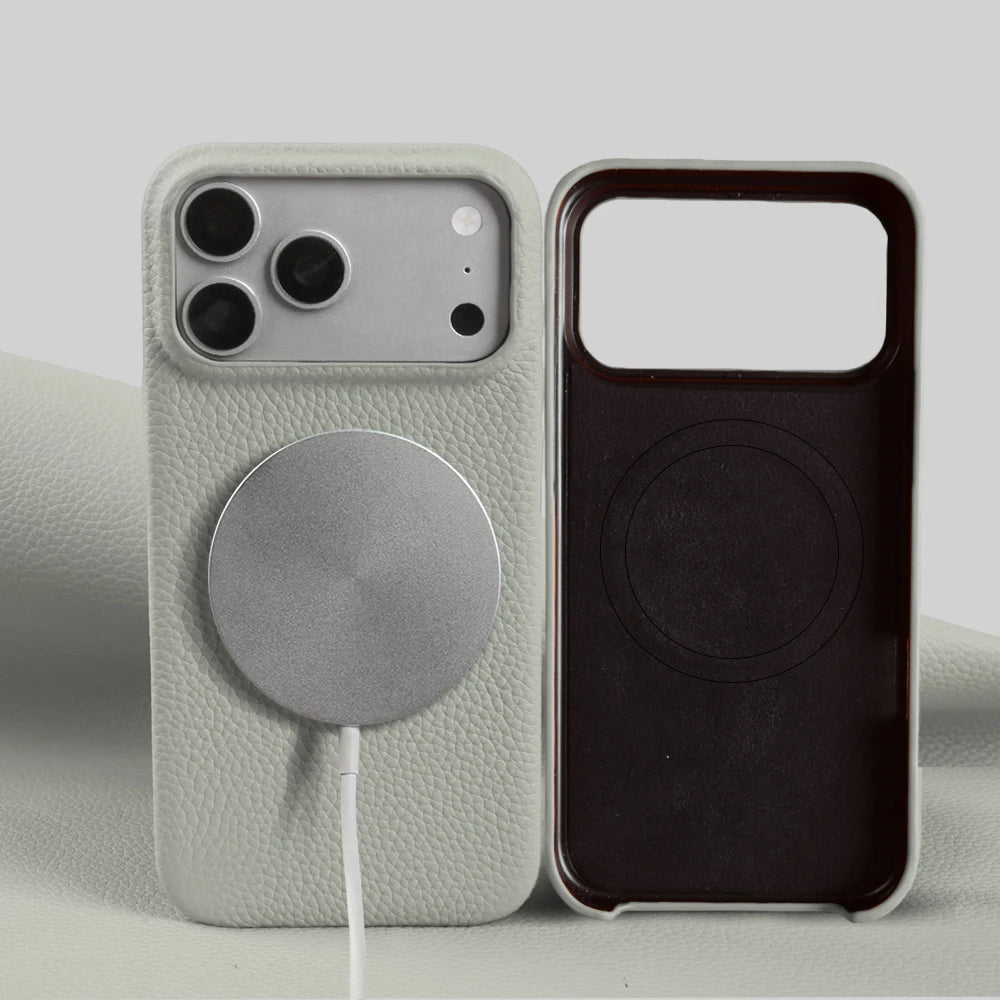 For Magsafe Magnetic Lychee Genuine Leather Case For iphone 17 Pro Max Air 13 14 15 16 Pro Max 16e 17e Phone Back Cover Cases