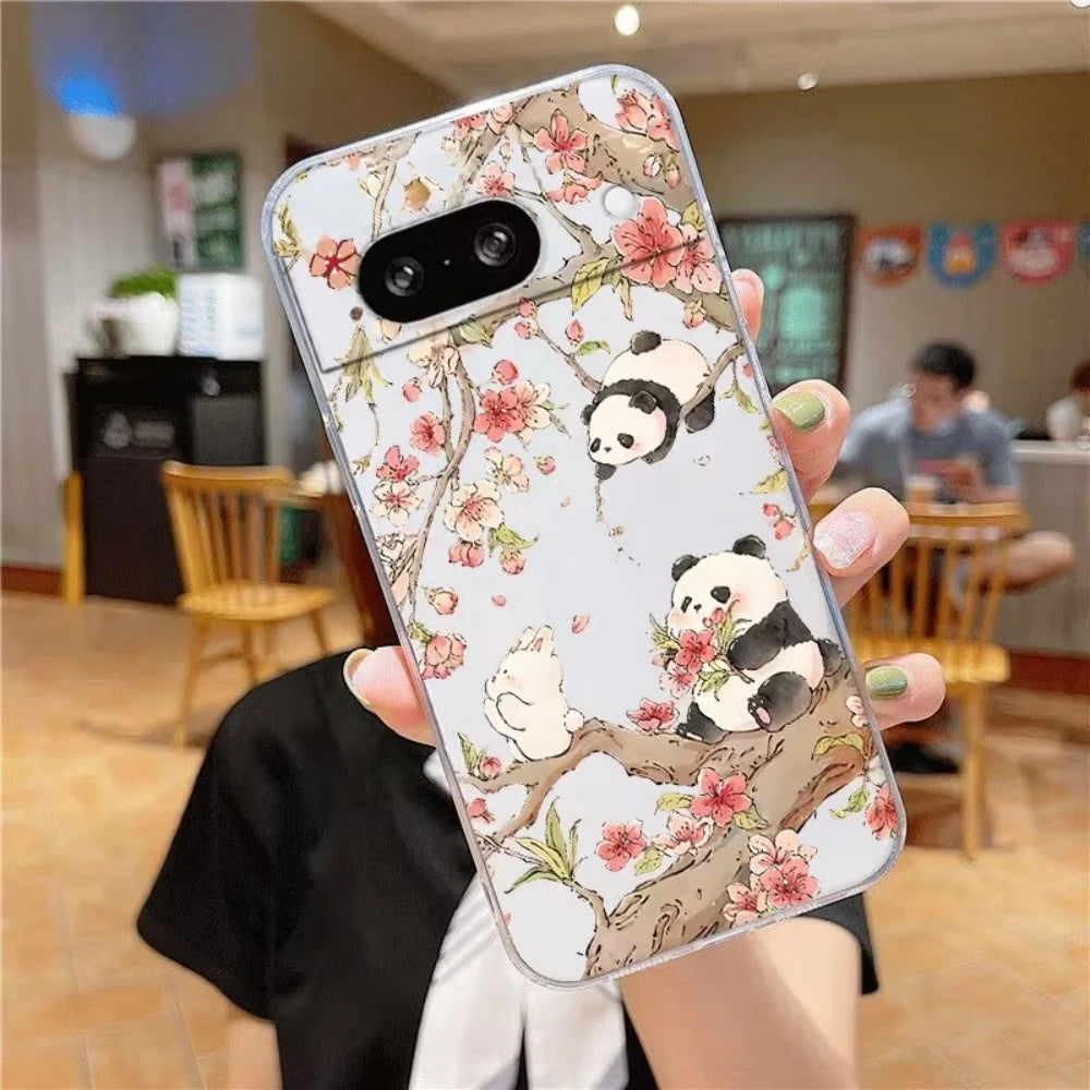 For Google Pixel 10 9 8 7 6 Pro XL 9a 8a 7a 6a Cute Panda Play Pattern Phone Case Crystal Transparent Silicone Protective Cover